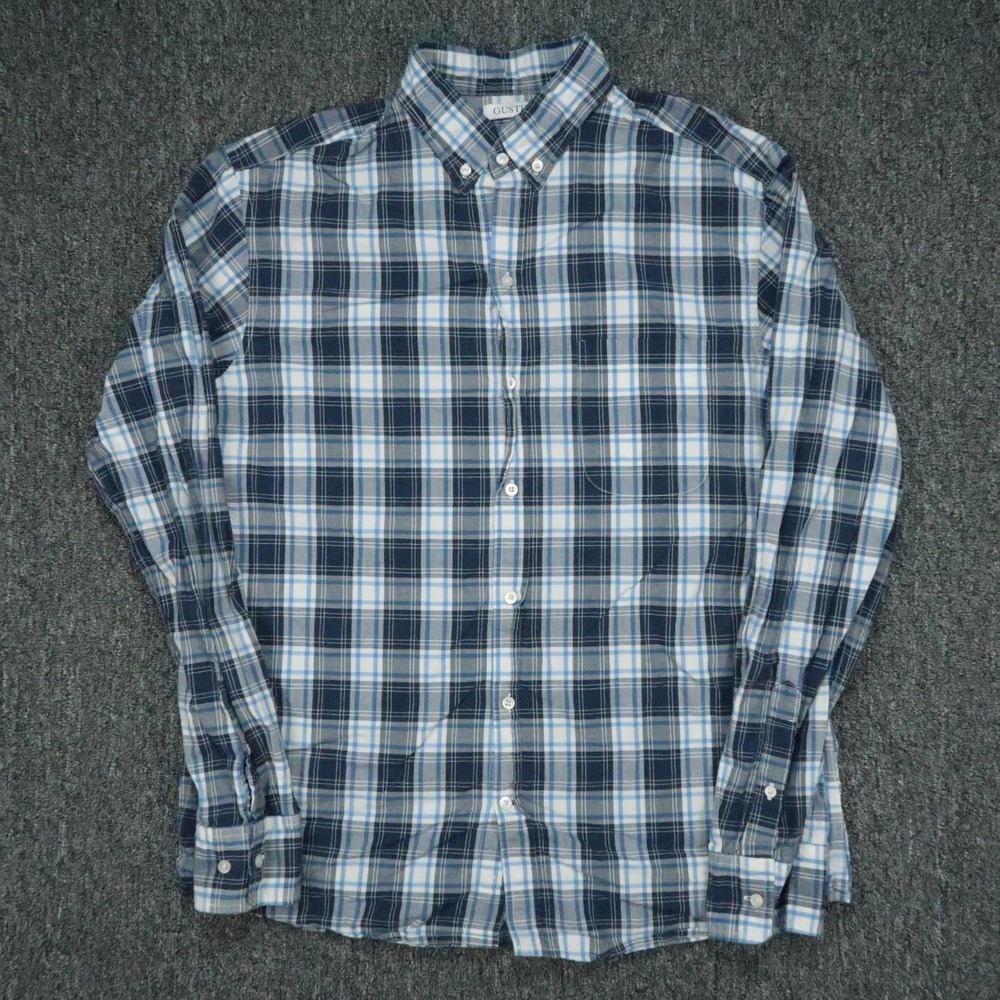 Gustin Shirt Mens Extra Large Blue White Plaid Long Sleeve Button Down USA